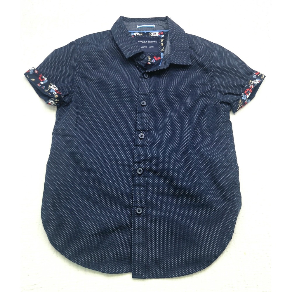 Denim & Flower Ricky Singh Boys Navy Micro Dot Floral Trim Button Down Shirt 5/6